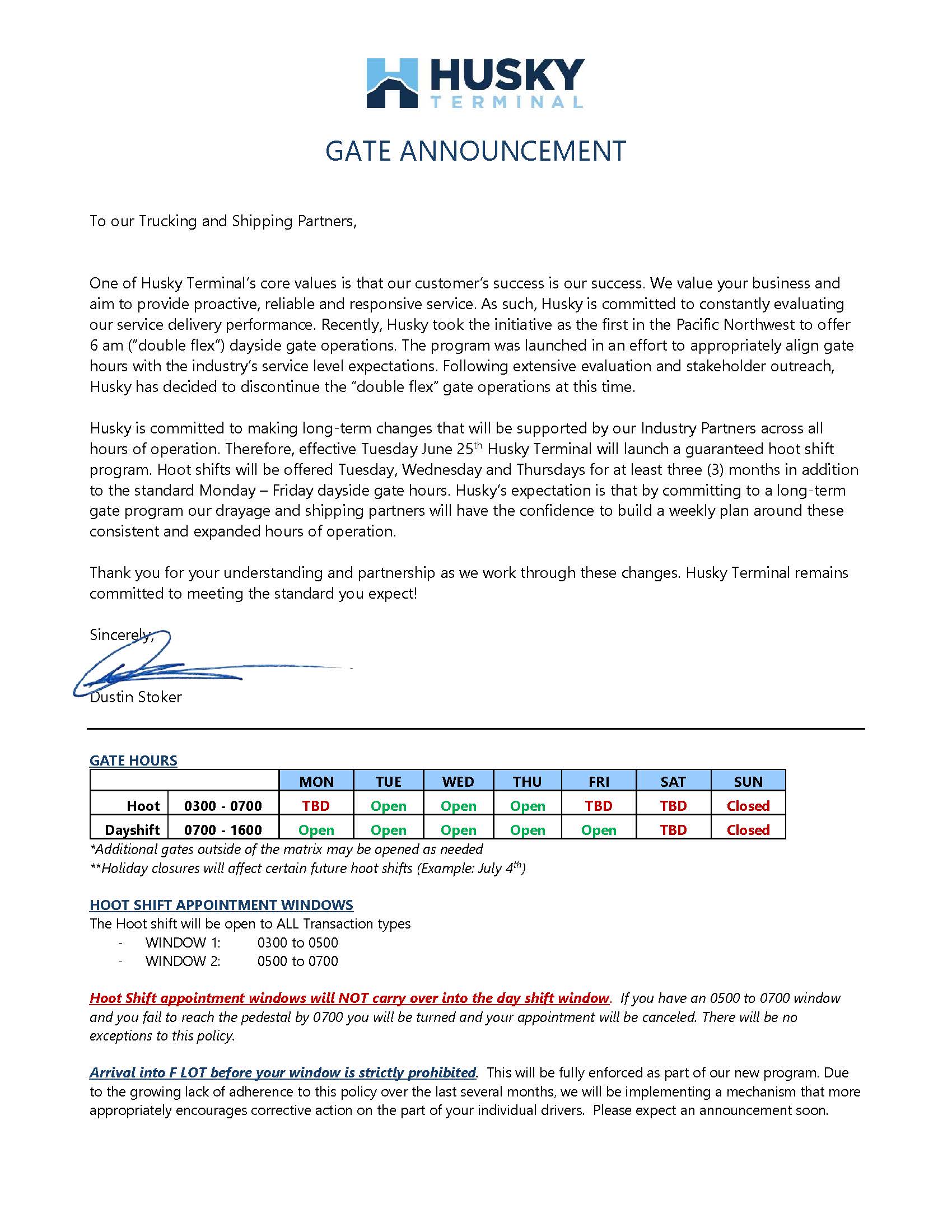 Husky Terminal Hoot Gate Announcement